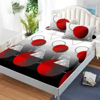 Cearsaf cu Elastic, Bumbac Satinat, 180x200 cm + 2 Fete de Perna 50x70 cm, Negru, Rosu, abstract