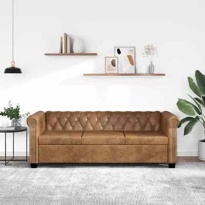 vidaXL Canapea Chesterfield, 3 locuri, maro, piele ecologică