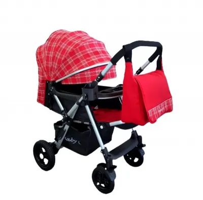 Carucior pentru copii Baby Care Pro 511 Rosu cu carouri 2 in 1 cu geanta inclusa, Cadru aluminiu, Maner reversibil, Spatar reglabil in 5 trepte, Amortizoare, Plasa insecte, Frana picior