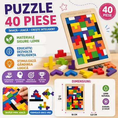 Puzzle din lemn, 40 blocuri, joc de inteligenta, 27 x 18 cm, multicolor