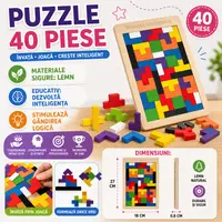Puzzle din lemn, 40 blocuri, joc de inteligenta, 27 x 18 cm, multicolor
