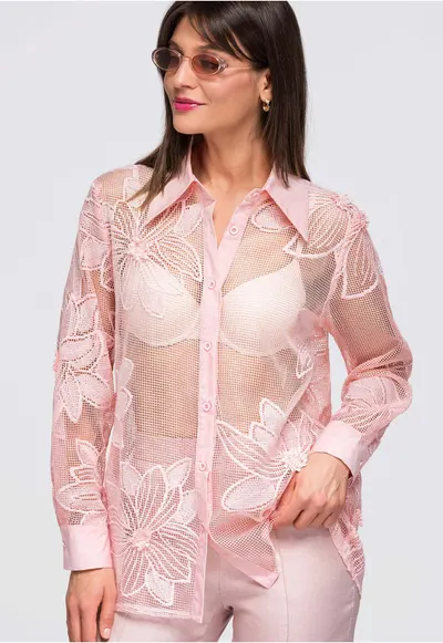 Camasa dama lunga cu guler clasic si maneci lungi - transparenta cu broderie florala OW-SH-E0048 - Roz