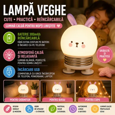 Lampa de noapte, de veghe, pentru copii sau bebelusi, Portabila, Baterie 300mAh, Alb
