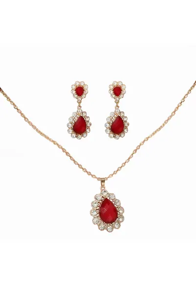 Set colier cu cercei 5148 - Rosu - lungime 48 cm