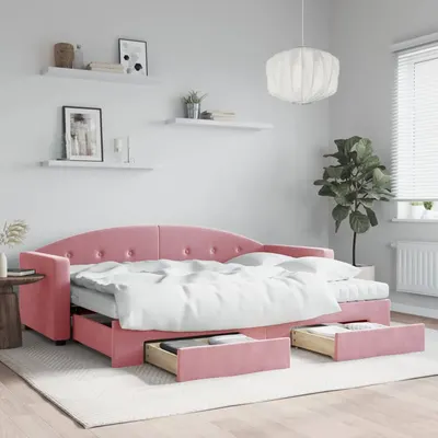 Gossi pat de zi cu extensie si sertare, roz, 80x200 cm, catifea