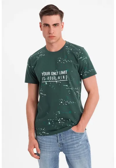 Tricou cu imprimeu si decolteu la baza gatului - Alb/Verde inchis