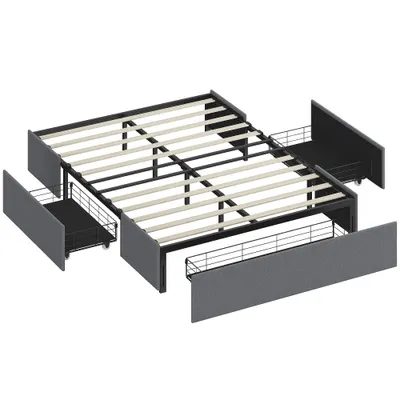 HOMCOM Pat cu spațiu de depozitare 140 x 190 cm, cadru de pat dublu tapițat cu 3 sertare, somier cu lamele LVL, fără zgomot, gri | Aosom Romania