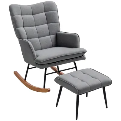 HOMCOM Fotoliu cu leagăn și taburet, confortabil, până la 130 kg, aspect de in, 64x89x90cm, Gri închis | Aosom Romania