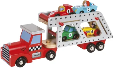 Set de joacă din lemn Janod Story - Transportator auto cu 4 mașini