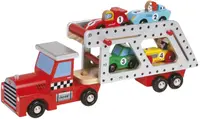 Set de joacă din lemn Janod Story - Transportator auto cu 4 mașini