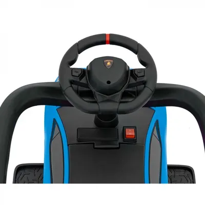 Masinuta copii de impins Lamborghini Aventador Blue, cu maner parental detasabil, sunete si lumini LED, roti din cauciuc, suport pentru picioare, bara de protectie, greutate maxima admisa 30 kg