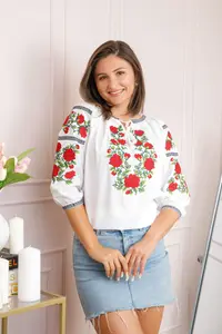 Bluza tip ie alba cu motiv floral rosu Hortensia