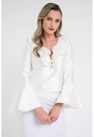 Bluza de satin cu garnituri cu volane - Crem