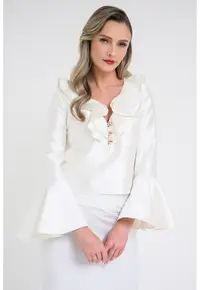 Bluza de satin cu garnituri cu volane - Crem