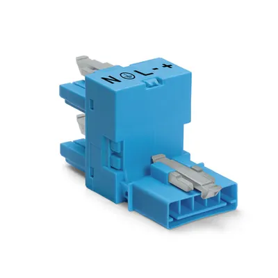 h-distribution connector; 5-pole; Cod. I; 1 input; 2 outputs; outputs on one side; 3 locking levers; for flying leads; blue