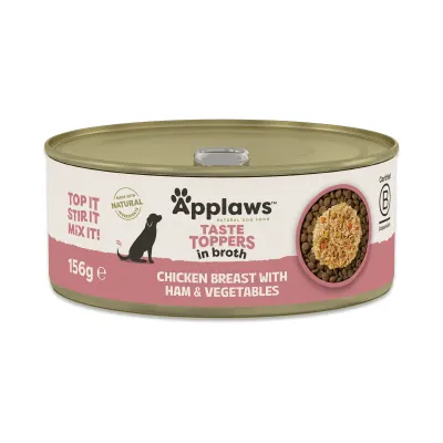 APPLAWS Taste Toppers, XS-XL, Pui și Șuncă, conservă hrană umedă câini, (în supă), 156g