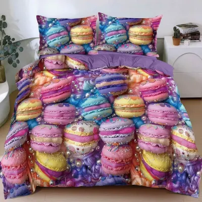 Lenjerie pat dublu bumbac satinat - 3 Bucati 219 Lei - Mov multicolor macarons