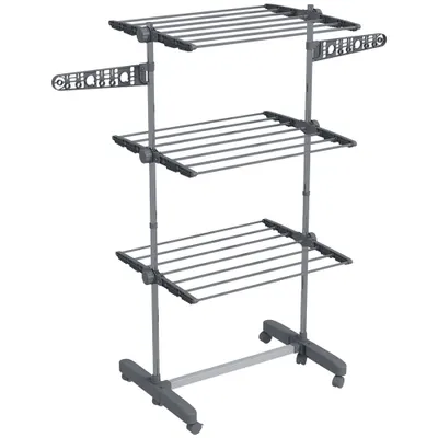 HOMCOM Uscător de Rufe Pliabil Tip Turn cu 6 Roți, Cârlige și 3 Rafturi Reglabile pentru Interior, 142x55x152 cm, Argintiu | Aosom Romania