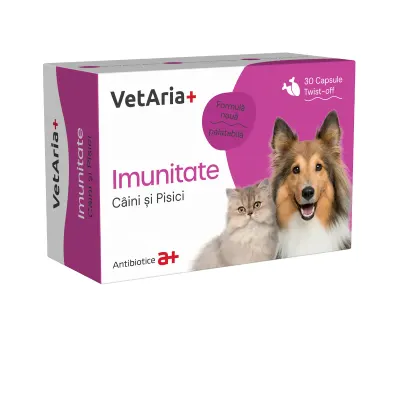 VETARIA+ Imunitate, supliment sistem imunitar câini și pisici, Pui, capsule VETARIA+ Imunitate, XS-XL, supliment sistem imunitar câini și pisici, Pui, cutie, 30 capsule