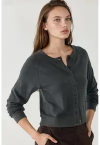 Cardigan femei - gri - jerseu - decolteu rotund - nasturi