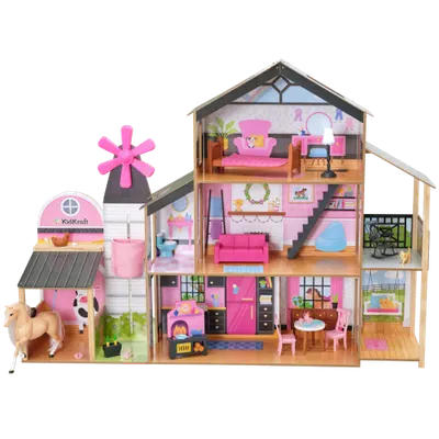 Casuta din lemn pentru papusi Windmill Elevator cu accesorii si mobilier incluse