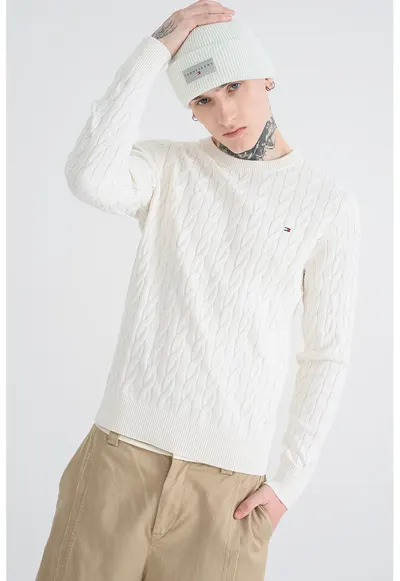 Pulover din bumbac organic cu model torsade - Alb