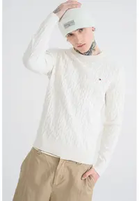 Pulover din bumbac organic cu model torsade - Alb