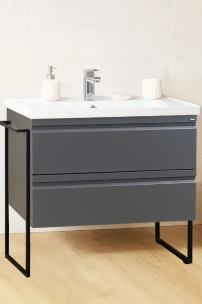 Set Baza front MDF si Lavoar seria 786, cadru metalic, cu sertare, 90 cm, antracit