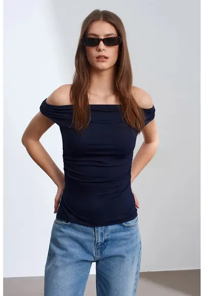 Bluza dama slim-fit - off-shoulder - Bleumarin - viscoza cu elastan