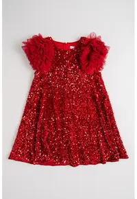 Rochie cu aplicatii cu paiete si volane - Rosu vermillion