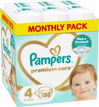 Scutece Pampers Premium Care - Mărimea 4, 9-14 kg, 188 buc