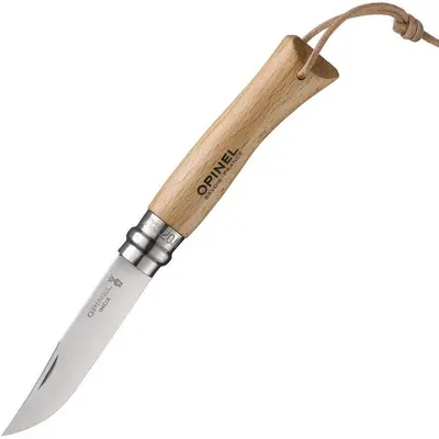 Cuțit pliabil Opinel Inox - 8 cm, fag, cu curea din piele