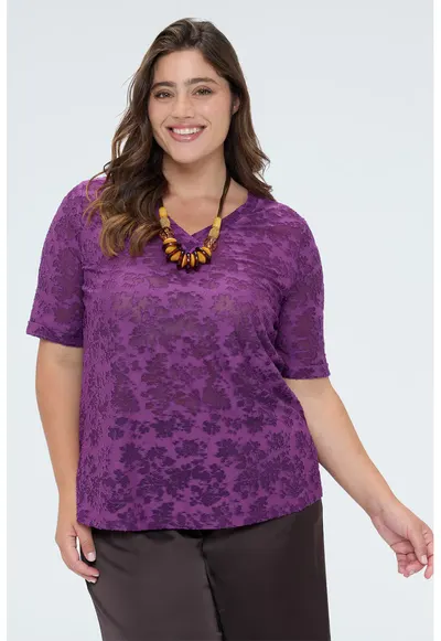 Bluza cu decolteu in V si insertii din plasa - Deep Purple