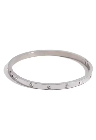 Brățară bangle argintie - din oțel inoxidabil cu aur 18k - cu zirconii - diametru 5.8cm - grosime 3.8mm