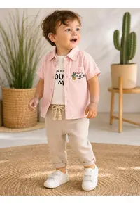 Set bebe baiat 3 piese camasa muselina tricou bumbac si pantaloni in casual vara