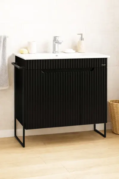 Set Baza front MDF si Lavoar seria 033, cadru metalic, montata, 80 cm, negru