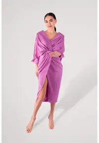 Rochie din satin cu aspect drapat - Roz orhidee