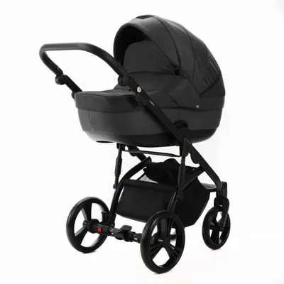 Carucior pentru copii, Adamex, 2 in 1, Lanti PS35, Pliabil, landou cu salteluta, copertina reglabila, roti frontale pivotante, cu dubla suspensie si husa de ploaie inclusa, Linen EcoLeather, Dark Gray