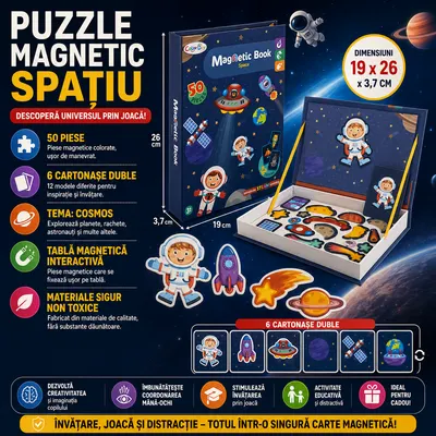 Carte tip Puzzle Magnetic , Set 50 magneti, 6 Cartonase Duble, Tema cosmos