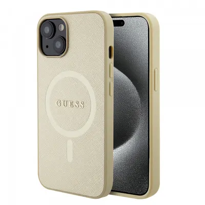 Husa MagSafe pentru Apple iPhone 15 Plus, Guess, Saffiano, Aurie