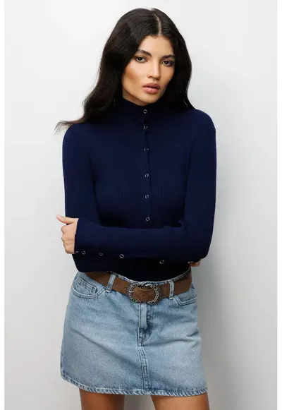 Cardigan dama - Slim Fit - guler inalt - bleumarin - tricot