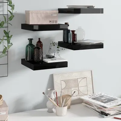 Gossi rafturi de perete 4 buc. negru extralucios 23x23,5x3,8 cm, mdf