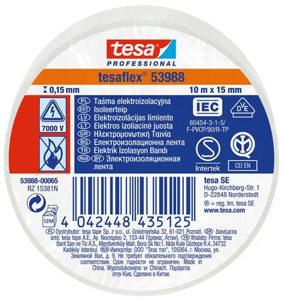 Bandă izolatoare Tesa - Alb, 15 mm х 10 m