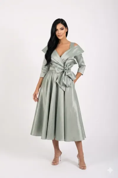 Rochie eleganta midi cu croi in clos si floare maxi