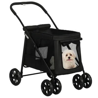 PawHut Cărucior pentru câini cu pernă, 3 buzunare laterale, pliabil, cărucior pentru câini, 102 cm x 62 cm x 105 cm, Negru | Aosom Romania