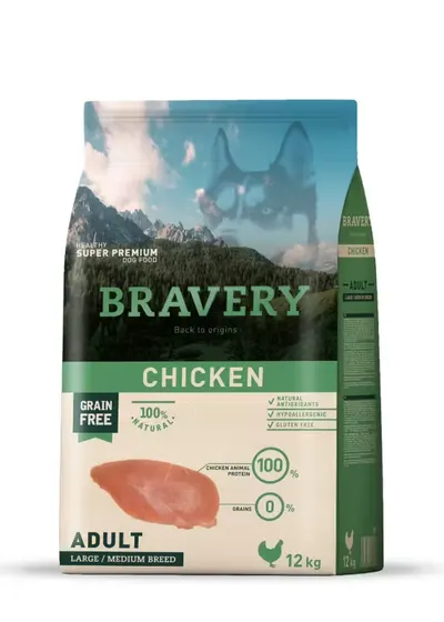 Hrana Uscata Caini, Bravery Dog, Large-Medium Adult, Pui, 12 kg