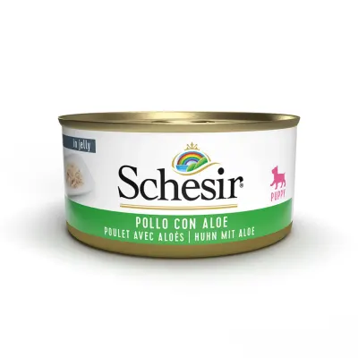 SCHESIR Puppy, XS-XL, Pui și Aloe Vera, conservă hrană umedă câini junior, (în aspic), 150g