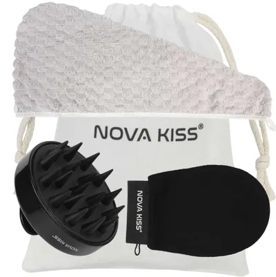 Set SPA cu Perie Masaj Scalp, Prosop Turban, Manusa Exfolianta si Saculet din Bumbac, NOVA KISS