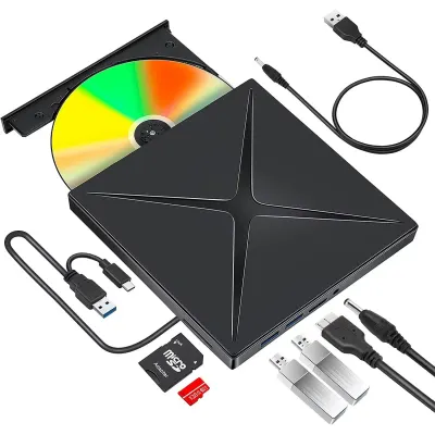 Unitate DVD CD RW externa portabila NewEvo, Port Usb C, Hub USB 3.0, Cititor de carduri SD, Disk Burner, Reader DVD Player pentru Windows 10, Laptop