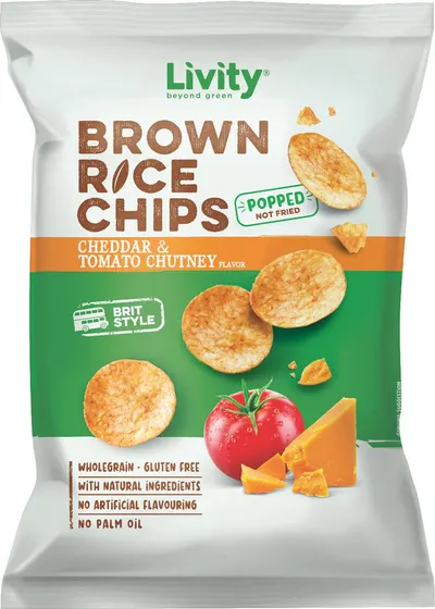 Chips de orez cu cheddar și sos chutney de roșii, 60 g, Livity